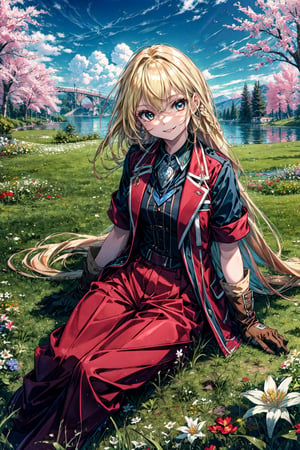 masterpiece, best quality, highres, 1girl very long hair blonde hair curly hair, red jacket whistle short sleeves brown gloves red pants  sitting, on grass, white flowers, smile, hands on own chest