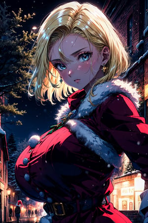 masterpiece,best quality,highres,cinematic lighting,dramatic angle,official wallpaper ,  android 18, winter, christmas, huge breasts, santa, blonde hair, joy,