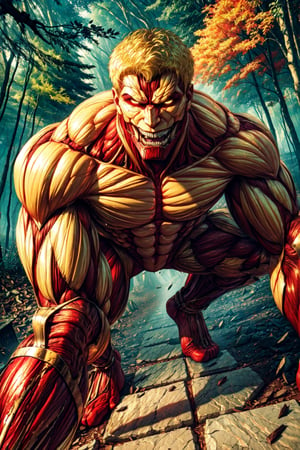 Armored_ Titan, muscular, giant, size ratio, short hair, blonde, building, teeth, armor on body, light in eyes, red muscles  ApproachingMe, (broken floor), forest, trees