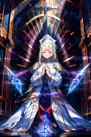 masterpiece,best quality,highres,1girl,,crystalized aura,beacon of light,kneeling,closed eyes,praying,own hands together,church,white nun clothes,portrait,cowboy shot,holy light,hair ornaments,alternative2,evolved