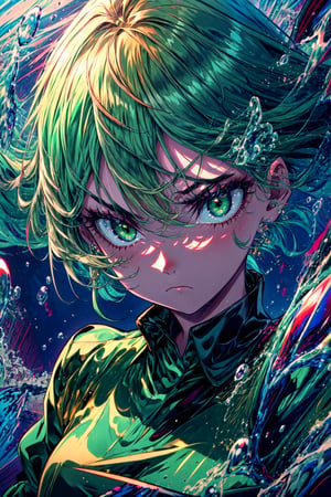 masterpiece, best quality, (detailed background), (beautiful detailed face, beautiful detailed eyes), whole body,absurdres, highres, ultra detailed, masterpiece, best quality, detailed eyes, :(, frown, green_eyes, green hair,floating, dark green tight dress, long_sleeves, high collar, 
