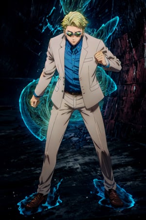 masterpiece,highres,high quality,extremely detailed,solo, , goggles,tinted eyewear, KentoNanami,1man, serious,jacket,formal,suit,collared shirt,blue shirt, full body,fighting_stance,aura,