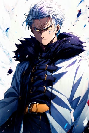 Orsted, solo, man, 1boy, male focus, white hair, short hair, yellow eyes, angry, looking at viewer, upper body, emotionless face, expressionless face, belt, coat, black fur trim,