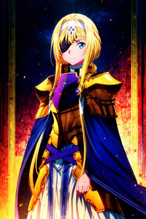 masterpiece, best quality, AliceZuberg, 1girl, solo, long hair, looking at viewer, blue eyes, blonde hair, very long hair, standing, sidelocks, (eyepatch:0.9), shoulder armor, pauldrons, white hairband, armored dress, blue cape, knight, gold armor,