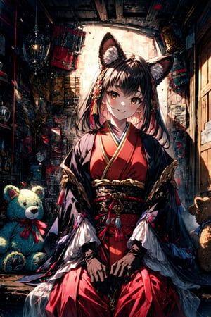 masterpiece,best quality,highres,cinematic lighting,dramatic angle,1girl, ,1girl,animal ears,japanese clothes,black open jacket,obi,smile,looking at viewer,brown eyes,playing with stuffed toy,cowboy shot,sitting,multicolored hair,(black hair:white hair:0.86),frills,claws,black elbow gloves,(open mouth:0.43),happy