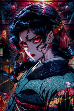 (masterpiece:1.2, best quality), MuzanFemale, 1girl, red eyes, kimono, black hair, solo, looking at viewer, red lips, makeup, upper body, lipstick, hair ornament, earrings, jewelry, long hair, angry, closed mounth, standing, cinematic lighting, tradional japanese interior, demonic, red particles, detailed background, complex structures, hyperdetailed sharp face, dynamic pose