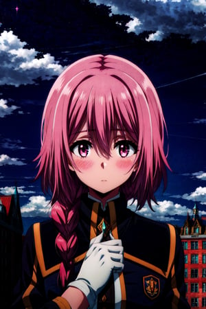 1girl, solo, long hair, looking at viewer, blush, bangs, shirt, gloves, hair between eyes, closed mouth, jacket, upper body, pink hair, braid, outdoors, sky, day, collared shirt, cloud, white gloves, pink eyes, blurry, blue sky, black jacket, sparkle, blurry background, cloudy sky, building, portrait, hair over shoulder high quality, best quality, ultra detailed, masterpiece, bare shoulders,