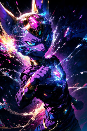 high quality, masterpiece, realistic, anthropomorphic cat, beerus, cat head, purple skin, black top, blue pants, purple belt,egyptian clothing, jewelery, long ears, athletic body, park, outdoors,medium shot portrait, hand raised up, holding purple electricity, hand glowing purple, aura, reflective light, looking at camera, serious,