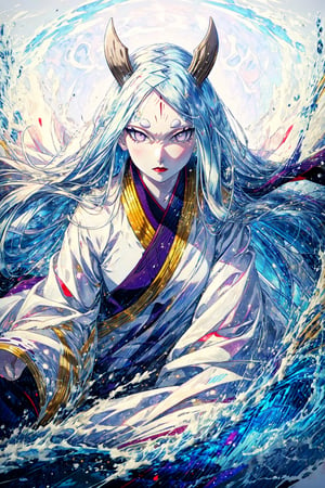 masterpiece,best quality,highly detailed,ultra-detailed,an extremely delicate and beautiful,masterpiece,1girl, solo,kaguya, long hair, forehead mark,red lips, pale skin,white short eyebrows,  otsutsuki kimono, floating hair, white background,  looking at viewer, 