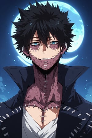 score_9, score_8_up, score_7_up, source_anime, rating_safe, , semi-realistic, , , 1boy, solo, male focus, , dabi_bnha, black hair, blue eyes, short hair, spiked hair, hair between eyes, bangs, scar, burn scar, scar on face, piercing, stitches, messy hair, , blue fire, symmetry, palace, night, crescent moon, villain pose, light smile,