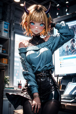 memcho, ,memcho, blonde hair, blue eyes, blunt bangs, demon horns, fake horns, horns, short hair,BREAK bare shoulders, black skirt, (blue sweater:1.5), long sleeves, off shoulder, off-shoulder sweater, puffy sleeves, skirt, sweater, white ribbon,BREAK looking at viewer,BREAK indoors,BREAK , (masterpiece:1.2), best quality, high resolution, unity 8k wallpaper, (illustration:0.8), (beautiful detailed eyes:1.6), extremely detailed face, perfect lighting, extremely detailed CG, (perfect hands, perfect anatomy),