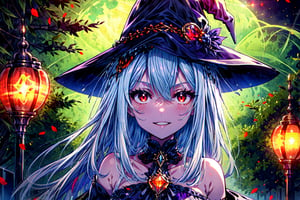 masterpiece,best quality,highres,cinematic lighting,dramatic angle,1girl,white hair,hairband,looking at viewer,glowing eyes,red eyes,white dress,bare shoulders,tassel,layered dress,detached sleeves,,upraised eyebrows,parted lips,evil smile,black ribbons,portrait,outdoors,halloween,pumpkin hat,witch robe,long robe,happy,crowd,on street,lanterns,jack-o'-lantern,witch hat,