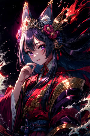 masterpiece,best quality,highres,cinematic lighting,dramatic angle,,1girl,animal ears,hair ornament,purple eyes,black hair,long hair,smile,parted lips,looking at viewer,cowboy shot,japanese clothes,obi,wide sleeves,burning village,blood,sleeves past wrists,hand on own cheek,red topwear,purple skirt,portrait