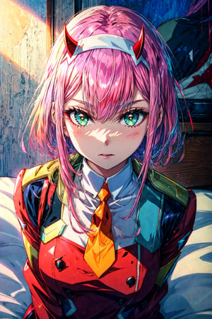 core_9, score_8_up, score_7_up, realistic skin texture, anime picture, HD32k, portrait of 1girl, solo, zero_two_\(darling_in_the_franxx\), pink_hair, horns, hairband, white_hairband, green_eyes,bangs, red uniform, shiny_hair, military_uniform, orange_necktie, sat on bed, girl's bedroom