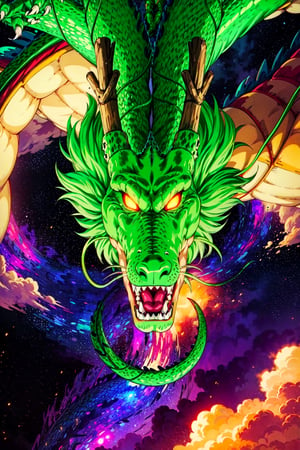 wyrm,shenlong, oriental dragon, glowing eyes, shiny, galaxy, sharps theet, long whiskers, purple hair, floating debris, looking_at_viewer, asymetric, intrincate details, realistic, ,r1ge, close up, yellow sky, yellow clouds, flying, raining,fantasy00d,CLOUD
