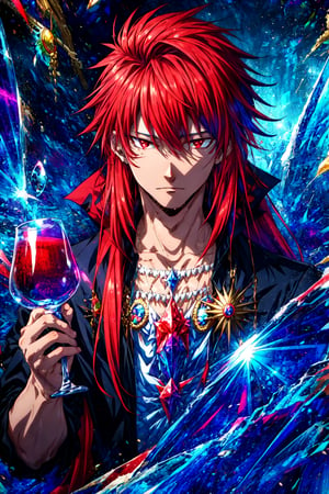 masterpiece, best quality, illustration, 1boy, solo, male focus, looking at viewer, upper body, depth of field, , guy_crimson, red eyes, red hair, long hair, carnival costume, Oz: A land of enchantment, where anything is possible, 32k resolution