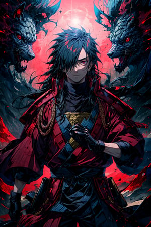 (masterpiece, best quality:1.2), red background, cowboy shot, solo, male focus, 1boy, uchiha madara, expressionless, looking at viewer, open arms, fighting stance, long hair, hair over one eye, japanese armor, black gloves, japanese  castle as background, dark light, desolated, vilain 