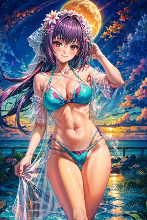 masterpiece, best quality, high resolution, R3, 3rdSwimsuit, 1girl, solo, looking at viewer, collarbone, blush, smile, sky, ocean, ass visible through thighs, outdoors, closed mouth, sunset, navel cutout,