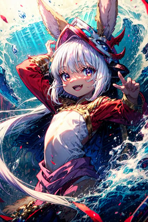 masterpiece, best quality, nanachi, narehate, white hair, horned helmet, headdress, bottomless, smile, open mouth, fang, looking at viewer,