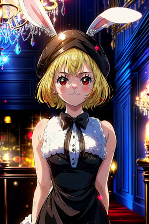 (1girl, solo:1.5), garchuc4rr0t, rabbit ears, furry, (looking at viewer:1.2), (bokeh, cinematic, blurred background:1.4), , (fancy black dress:1.2), (formal, chandelier, party, hotel, ballroom, gala, red carpet,executive:1.2), (white:1.2) hat, :3, upper body, arms behind back,