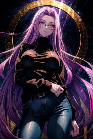 masterpiece, best quality,1girl, medusa (rider) (fate),glasses,,(black woollen sweater:1.2),jeans,long hair, medusa (fate), purple hair, solo, pink eyes, breasts, very long hair, looking at viewer, wild eyes, 