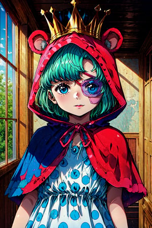 masterpiece, best quality,OPSugar, 1girl, solo,standing,polka dot dress,short dress,,crown,,green hair,(capelet),young girl,(eyepatch),red animal hood,hood up,blue eyes,flat chest,short hair,pose,indoors,v,peace sign,