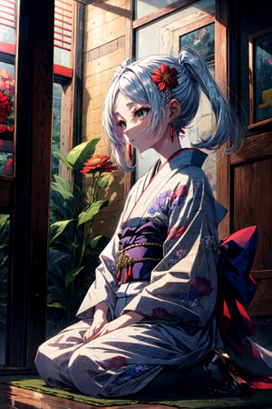 masterpiece, best quality, absurdres, perfect anatomy, Frieren, twintails, earrings, indoors, kimono, hair flower, floral print, wariza, sitting, hands on own knees,