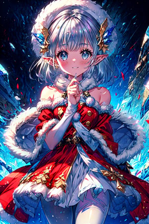 asterpiece,best quality,highres,cinematic lighting,dramatic angle,1girl,silver hair,hime cut,blue eyes,pointy ears,hair ornament,red dress,fur trim,thick coat,bare shoulders,elbow fingerless gloves,white pantyhose,layered dress,,happy,looking at viewer,cowboy shot,LilyChristmas,hat,