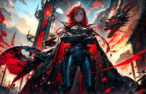 masterpiece,best quality,1girl,MaouNobu,Maou bodyarmor,red hair,long hair,expressionless,standing,crossed arms,step on viewer,red sky,from below,weapon