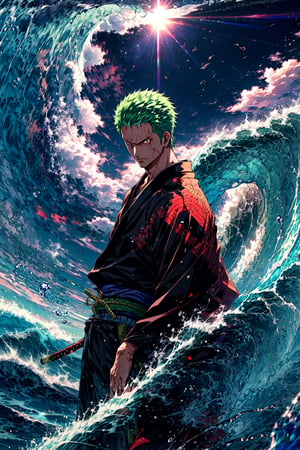 battoujutsu  roronoa zoro, muscular male, scar, scar across eye, japanese clothes, green kimono  yomama_edo, cloud, wave, mountain,