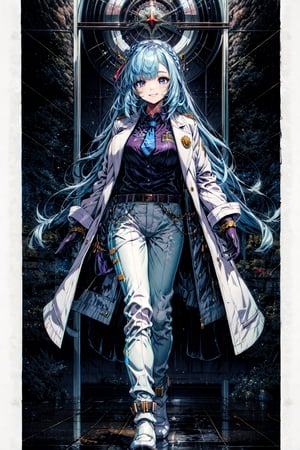 best quality,masterpiece, high res,original, beautiful detailed eyes,ultra-detailed, mejiro ardan \(dance\), smile, gloves, black gloves, long sleeves, looking at viewer, brooch, jacket, white jacket, vest coat, shirt, collared shirt, jewelry, pants, white pants, necktie, boots, thigh boots, official alternate costume