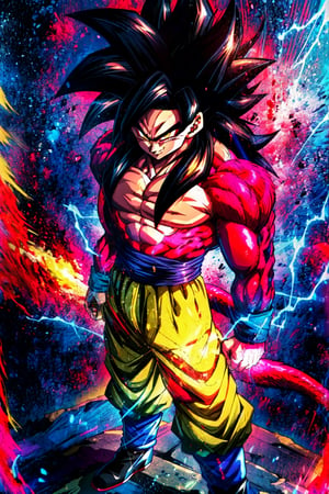 highres, HD quality, (best quality),((masterpiece)), vibrant colors, son goku, son goku gt,1boy,closed mouth, solo, super saiyan 4, dragon ball gt, yellow pants, black boots, blue ribbon, ((some red fur on arms and chest)), red saiyan tail, (very long hair), (red eyeliner),male focus, muscular, muscular male, pectorals, solo, spiked hair,((black hair)), (((pupils))),yellow eyes,standing,spiked hair, red aura, electricity, smile,upper body