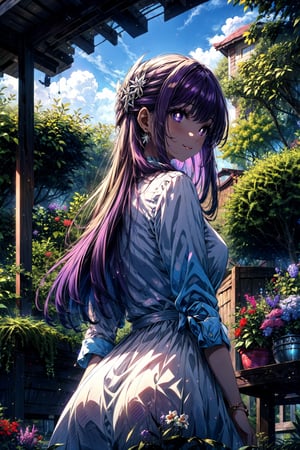 masterpiece, best quality, absurdres, perfect anatomy, 1girl, solo, FernFrieren, very long hair, purple eyes, (purple pupils), hair ornament, from behind, sundress, garden, day, sunshine, smile, looking back,