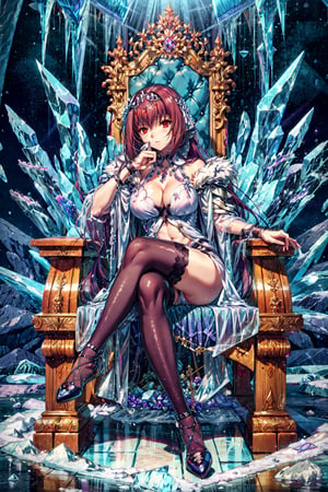 masterpiece,best quality,1girl,mature female,scathach skadi \(fate\),DefaultOutfit,C1,expressionless,sitting,crossed legs,ice throne,palace interior,(ice palace),ice,
