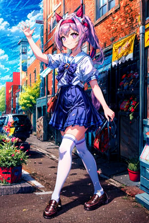 masterpiece, best quality, haru urara \(umamusume\), symbol in eye, symbol-shaped pupils, full body, walking, smile, outstretched arms, ponytail, ear covers, hair bow, long hair, red headband, tracen school uniform, summer uniform, serafuku, puffy short sleeves, purple bowtie, horseshoe ornament, sailor collar, sailor shirt, purple shirt, white skirt, pleated skirt, frilled skirt, miniskirt, zettai ryouiki, white thighhighs, brown footwear, loafers,