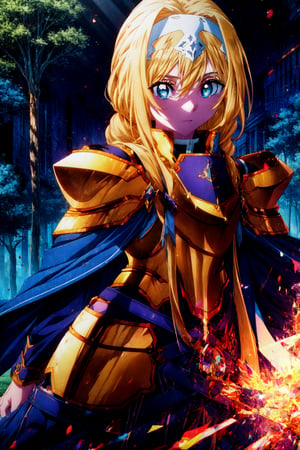 alicezuberg, , alice zuberg, bangs, blue eyes, blonde hair, hair between eyes, very long hair, braid, hairband, white hairband, BREAK dress, cape, armor, blue dress, shoulder armor, gauntlets, pauldrons, breastplate, armored dress, faulds, blue cape, knight, (gold armor:1.5), body armor, BREAK outside, forest, nature, sun, sky, BREAK looking at viewer, (cowboy shot:1.5), BREAK , (masterpiece:1.2), best quality, high resolution, unity 8k wallpaper, (illustration:0.8), (beautiful detailed eyes:1.6), extremely detailed face, perfect lighting, extremely detailed CG, (perfect hands, perfect anatomy),
