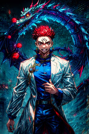 A 18 year old boy,Standing next to the Chinese dragon, cyber punk personage, red hair,white cotton jacket,perfect eyes, perfect teeth, perfect body,TRADITIONAL CHINESE COSTUMES,Double ball hairstyle,Dragon in the background, Mechanical elements,rainbowing,a hologram,tmasterpiece,ultraclear,UE5,bailing_eastern dragon,SUKUNA