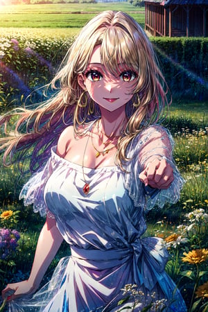 masterpiece, best quality, highres, aamiyako, long hair, jewelry, earrings, , large breasts, wariza, reaching out, white skirt, off shoulder, necklace, field, garss, smile, open