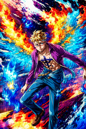 marco_base, 1 boy, purple shirt, open shirt, glasses, short blonde hair, blue pants, blue fire, blue flame, wings