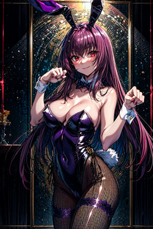 scathach, , (masterpiece, best quality:1.2), , cowboy shot, solo, 1girl, scathach \(fate\), playboy bunny, smile, closed mouth, looking at viewer, paw pose, fake animal ears, leotard, pantyhose