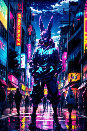 (by honovy, by personalami, by zackary911), male, siamese, solo, beerus, fur, muscular, topwear, clothed, bottomwear, night, akihabara, tokyo, street, neon lights, wearing hoodie