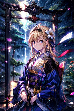 masterpiece,best quality,highres,cinematic lighting,dramatic angle, ,blonde hair,hair ornaments,hair flower,hairband,blue eyes,costume7,furisode,long sleeves,ribbon,braid,flower,hairband,japanese clothes,kimono,sash,petals,obi,Unsheathing Sword,katana,holding,jinja,torii,looking at viewer,smile, ,lens flare,dynatic angle