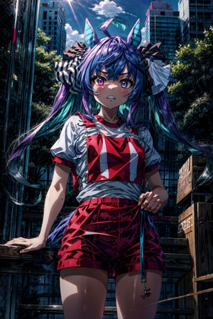 masterpiece, best quality, highres, aatwin, 1girl, multicolored hair, twintails, long hair, hair ribbon, horse tail, sharp teeth, white shirt, (gym shirt:1.1), numbered, short sleeves, red shorts, , cowboy shot, standing, outdoors,