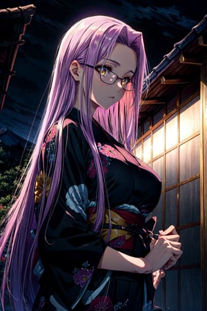  (masterpiece:1.4), (best quality:1.4), 1girl, , medusa (rider) (fate),long hair, medusa (fate), purple hair, solo, yellow eyes,large breasts, very long hair, (yukata 1.3), glasses, night, (confused), ((hands out of frame)), japanese temple