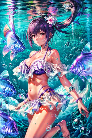 masterpiece, best quality, high resolution, OriSwimsuit, R1, 1girl, solo, fish, underwater, best light effect, bubble, tyndall effect,