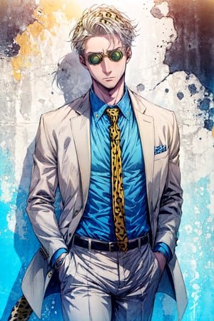 masterpiece, best quality, absurdres, 1boy, solo, NanamiBase, goggles, grey jacket, yellow necktie, leopard print, blue shirt, collared shirt, grey pants, ,  IncursioGigaSitting, monochrome, greyscale