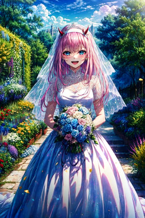 masterpiece, best quality, highres, aazero2, long hair, horns, hairband, , garden, standing, smile, open mouth, tears, wedding dress, white dress, holding bouquet,