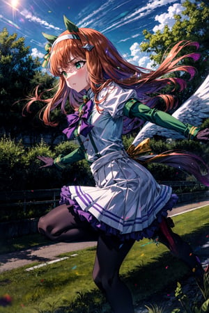masterpiece,realistic, ,1girl,silence suzuka (umamusume),silence suzuka(Racing),horse girl,horse ears,horse tail,orange hair,green eyes,long hair,ear covers,hairband,black gloves,black bowtie,layered sleeves,purple pantyhose,asymmetrical footwear,solo,on grass, outdoors,running,speed lines, from side, serious, racing, angel wings,