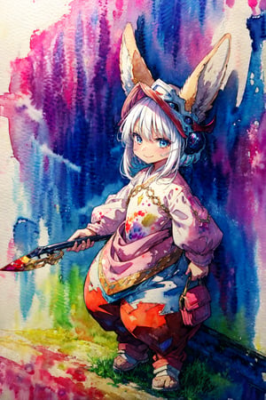 wamudraws, itsunknownanon, pixelsketcher, dimwitdog, canaryprimary, sicmop, (((thick outlines, watercolor:1.1))) BREAK, outdoors, market, (detailed background:1.1), standing BREAK nanachi, narehate, white hair, horned helmet, headdress, pants, smile, looking at viewer