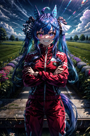 masterpiece, best quality, highres, aatwin, 1girl, multicolored hair, twintails, long hair, hair ribbon, horse tail, sharp teeth, red jacket, track jacket, long sleeves, red pants, , crossed arms, grin, cowboy shot, field, outdoors,